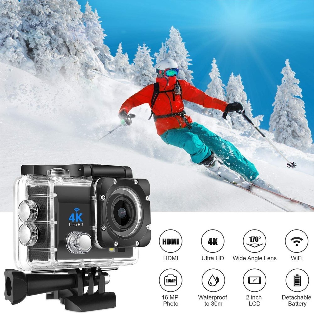 Black Waterproof Action Camera, Ultra Hd 4k Wifi Camera