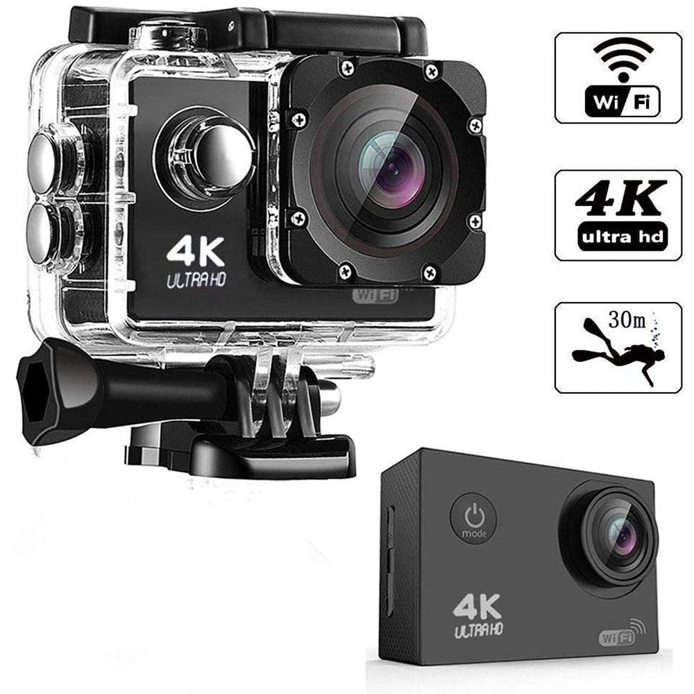 Black Waterproof Action Camera, Ultra Hd 4k Wifi Camera